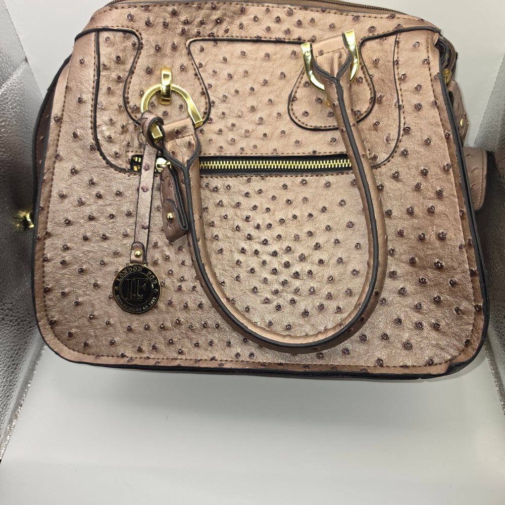 London Fog Satchel Women Large Bronze Good Ostrich Embossed Metallic Crossbody